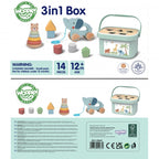 3in1 Toy Box - Sorting Blocks, Stackable Pyramid and Elephant On Wheels