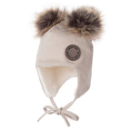 Beige Merino Wool Baby Hat with Faux-Fur Pompoms