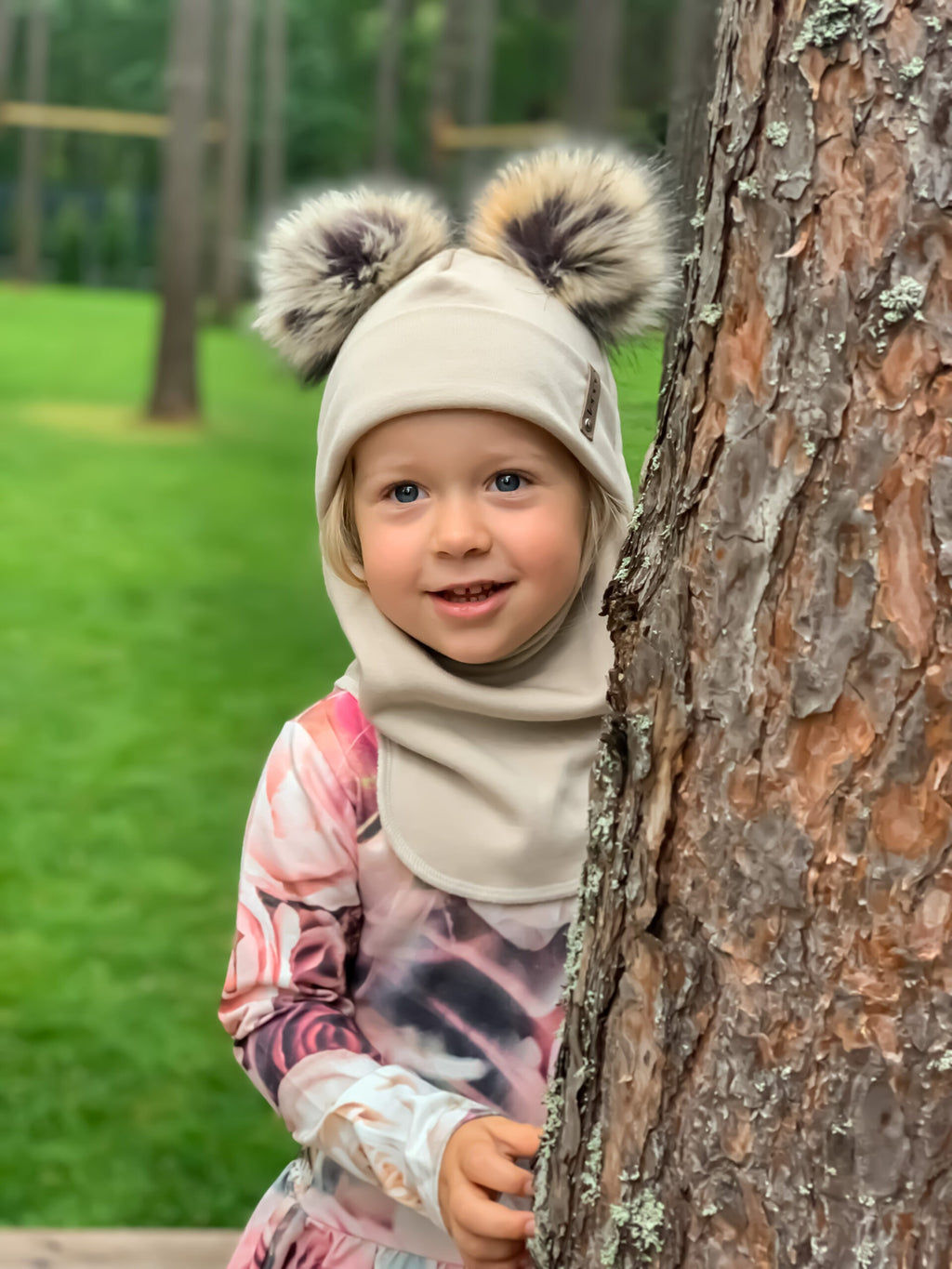 Beige Merino Wool Double Pom-Pom Balaclava
