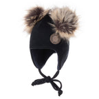 Black Merino Wool Baby Hat with Faux-Fur Pompoms