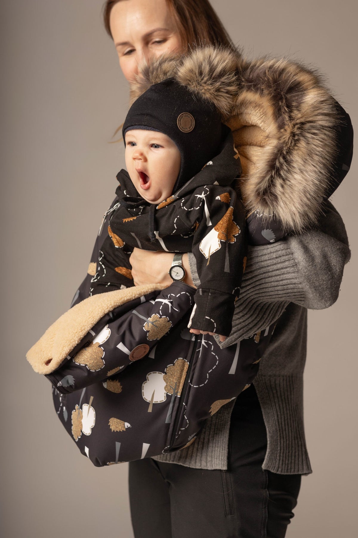 Black Merino Wool Baby Hat with Faux-Fur Pompoms