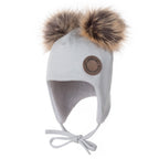 Grey Merino Wool Baby Hat with Faux-Fur Pompoms