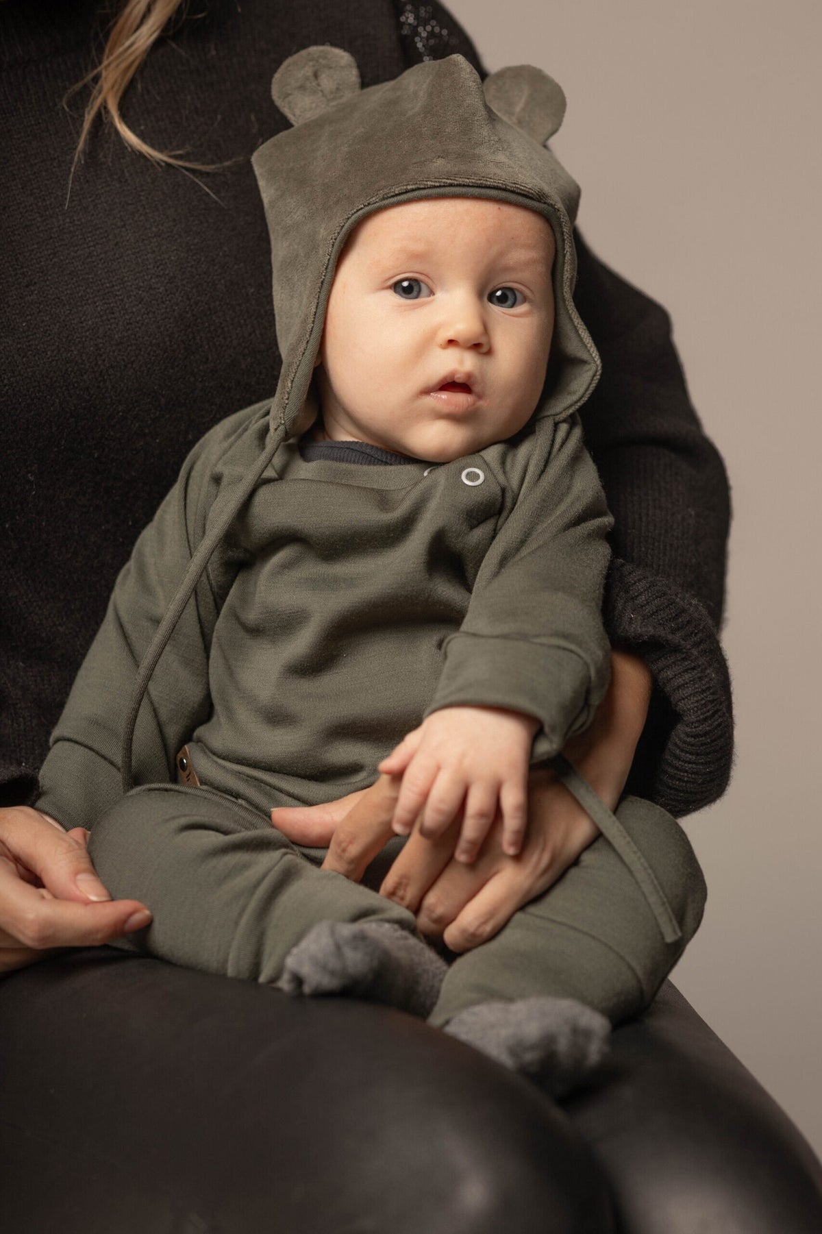 Khaki Green Cotton Velvet Baby Hat with Merino Wool Lining
